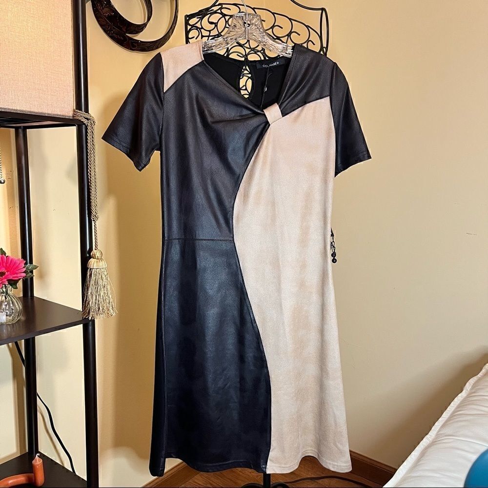 COURAGE.b BLACK/BEIGE FAUX LEATHER/SUEDE ROMATA DRESS S NWT